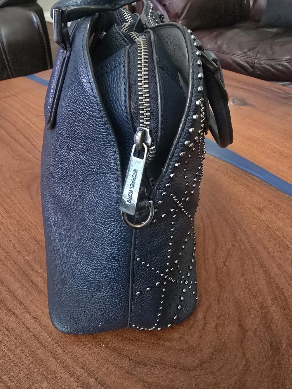 Michael Kors Dark Navy Studded Leather Satchel Adele